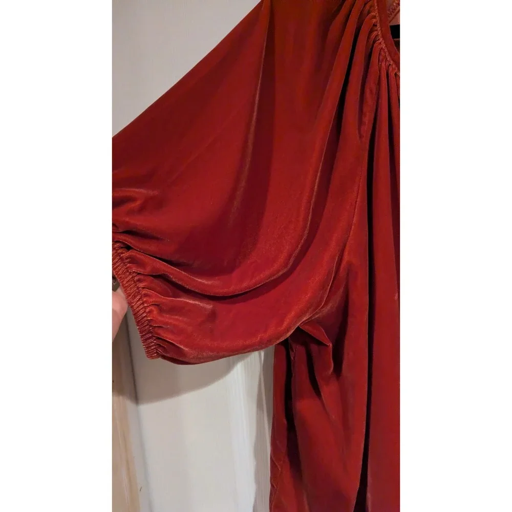 Old Navy Velvet Top Large Burnt Orange Puff Sleeve‎ Split Neck Boho Fall Blouse